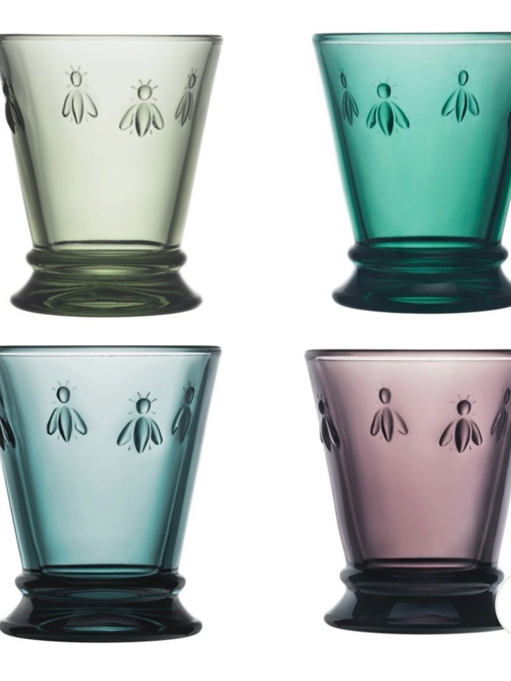 Set of 4 Embossed Bee Glass Tumblers — Green, Teal, Aqua & Mauve